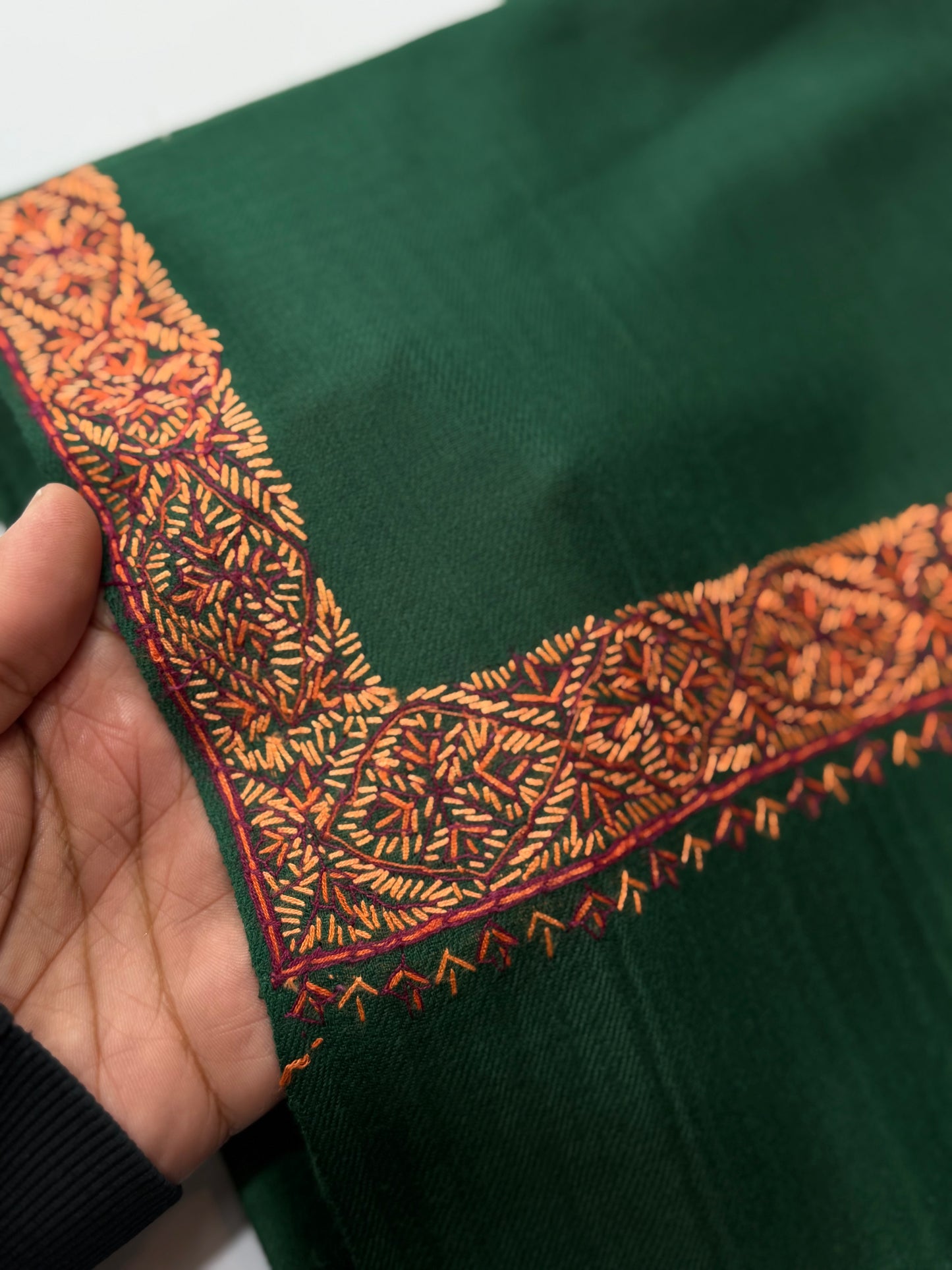 Dark Green Kashmiri Shawl | Handmade Hashia Border Embroidery Made in Kashmir Pure Pashmina