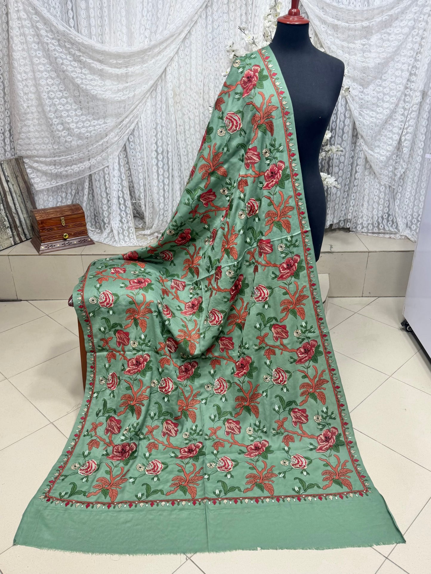 Pista Gulabkar Pashmina Embroidered Shawl Fancy Tilla and Thread Work Perfect Gift
