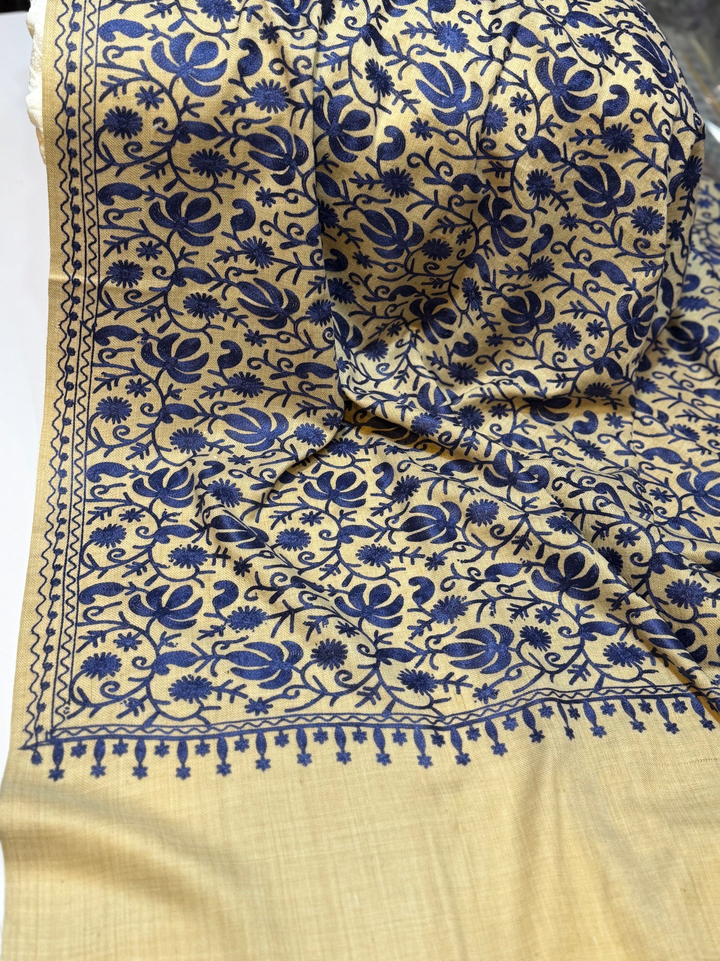 Skin With Blue Pashmina Embroidered Shawl | Kashmiri Aar Work Embroidery