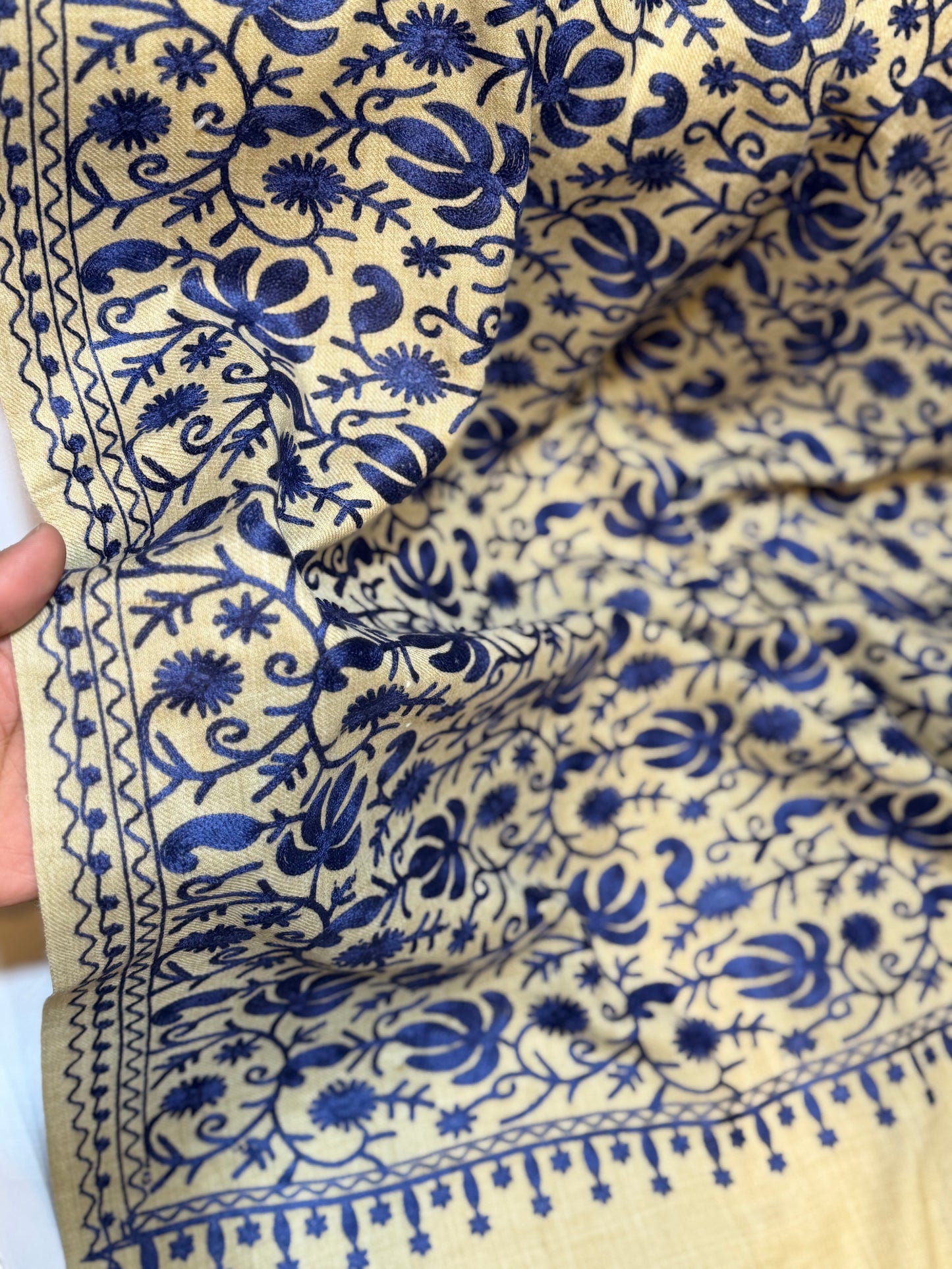 Skin With Blue Pashmina Embroidered Shawl | Kashmiri Aar Work Embroidery