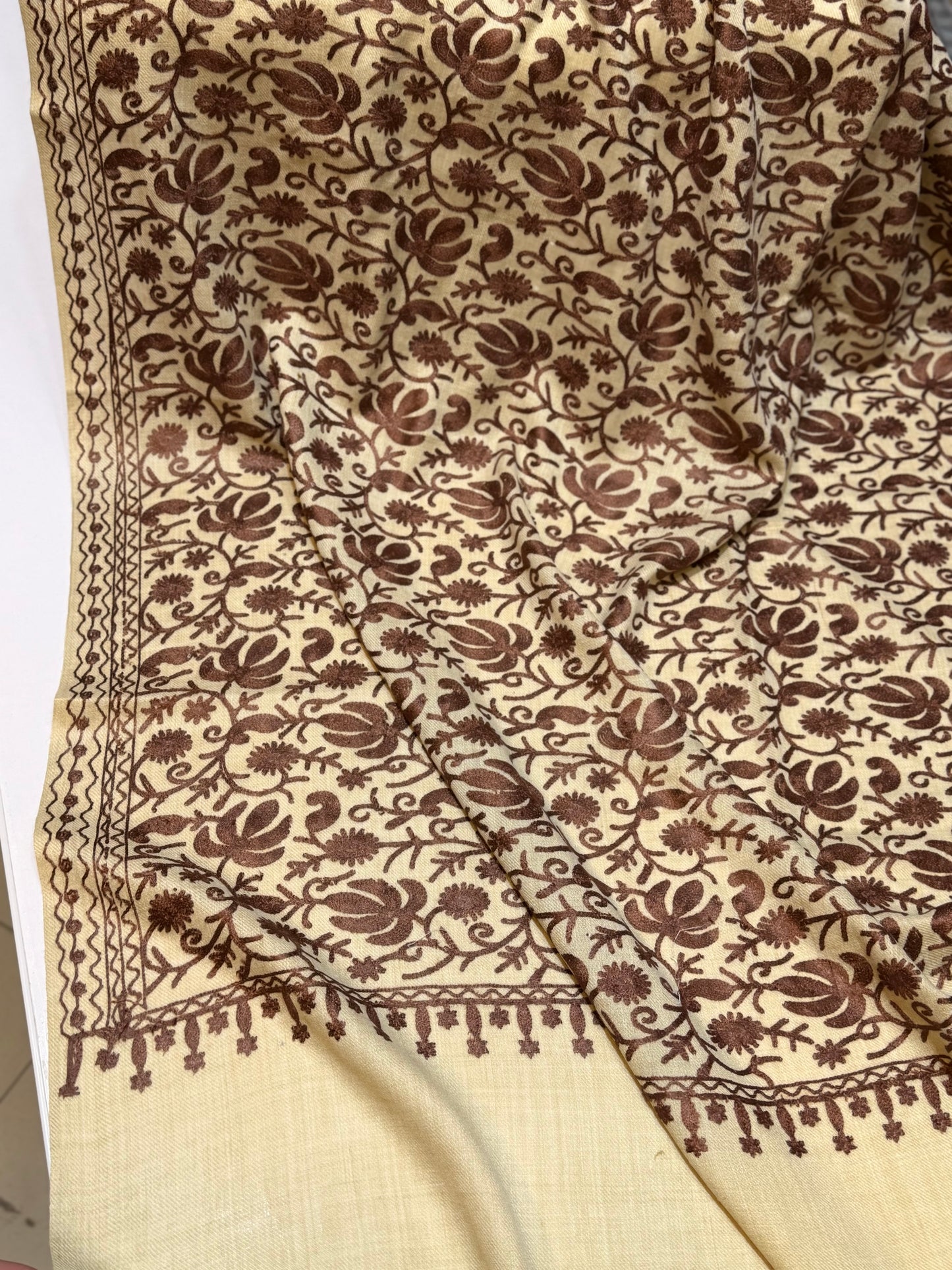 Skin With Brown Pashmina Embroidered Shawl | Kashmiri Aar Work Embroidery