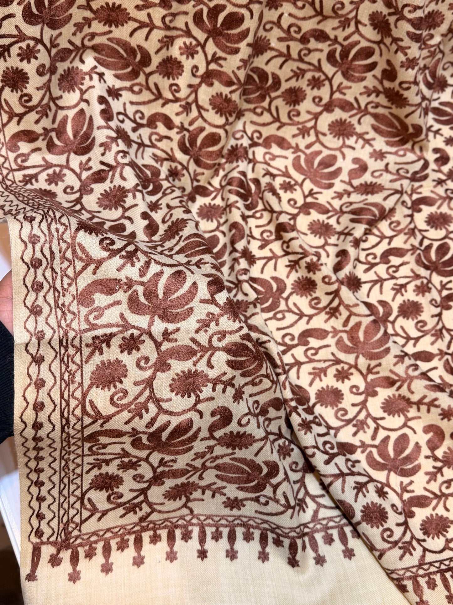 Skin With Brown Pashmina Embroidered Shawl | Kashmiri Aar Work Embroidery