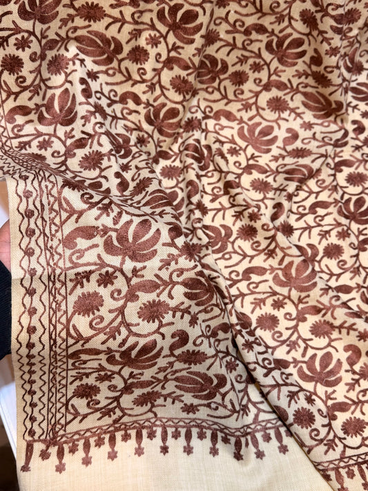 Skin With Brown Pashmina Embroidered Shawl | Kashmiri Aar Work Embroidery