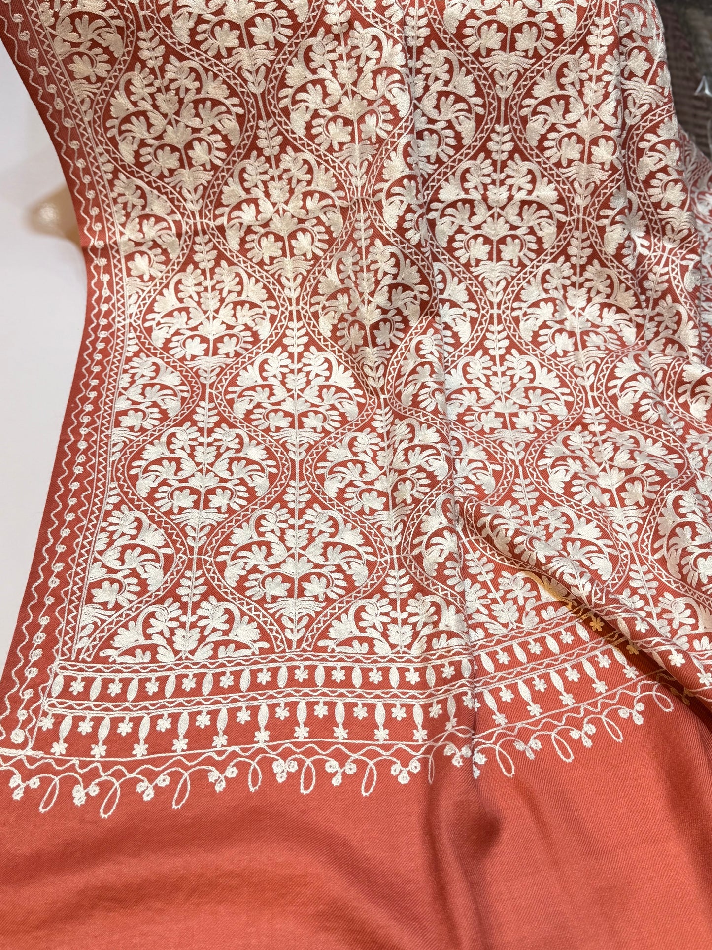 Pashmina Embroidered Shawl Matka Design | Kashmiri Aar Work Embroidery | Pink With White