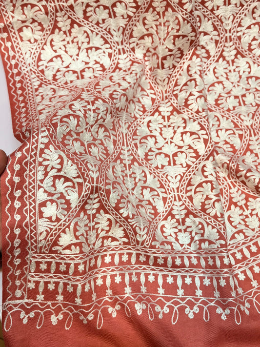 Pashmina Embroidered Shawl Matka Design | Kashmiri Aar Work Embroidery | Pink With White