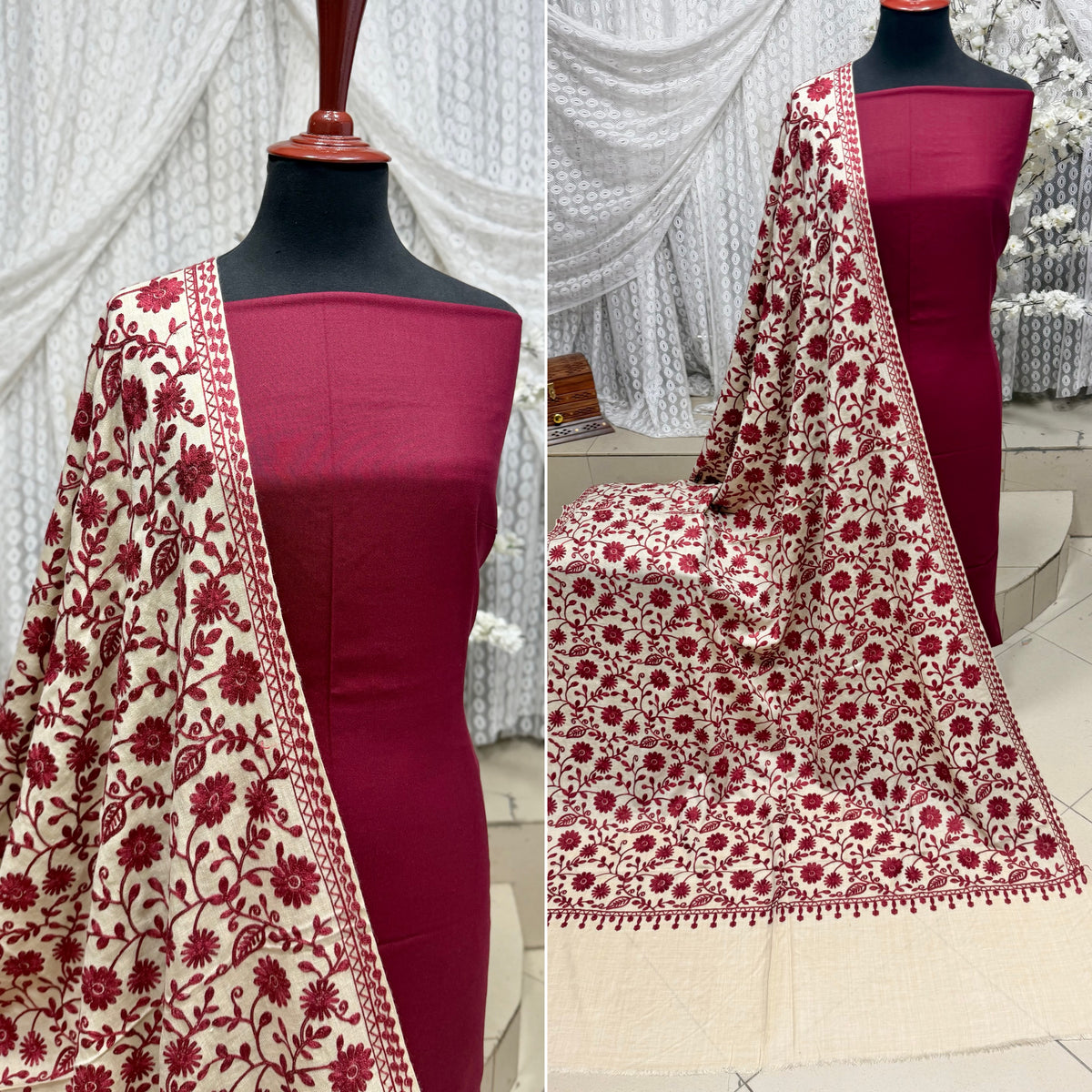 Pashmina 3 Piece Suit | Embroidered Shawl with Plain Suit Marina | Skin With Maroon