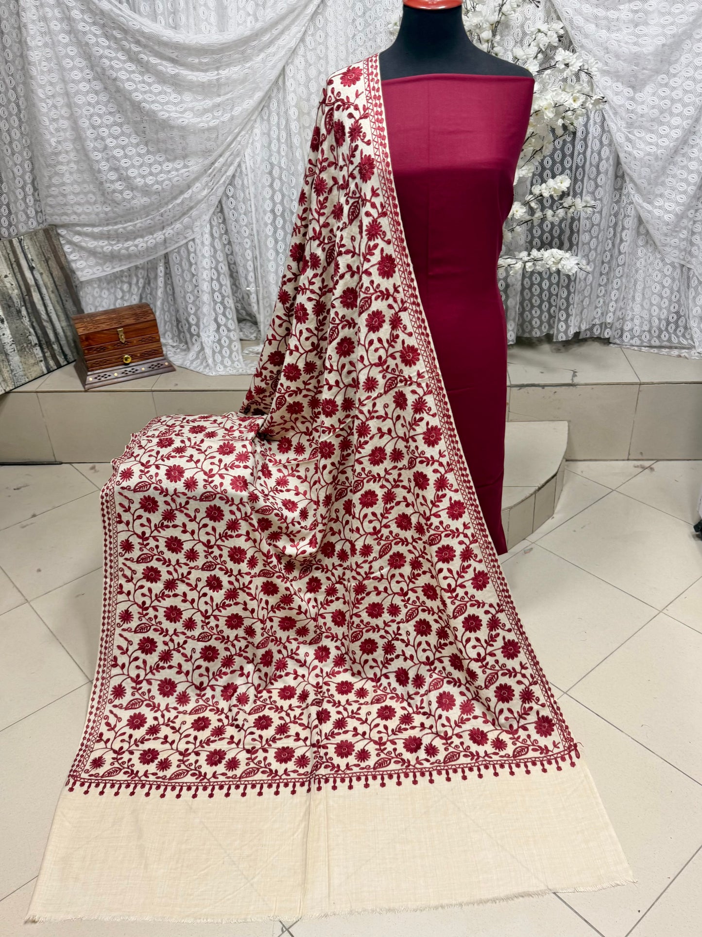 Pashmina 3 Piece Suit | Embroidered Shawl with Plain Suit Marina | Skin With Maroon