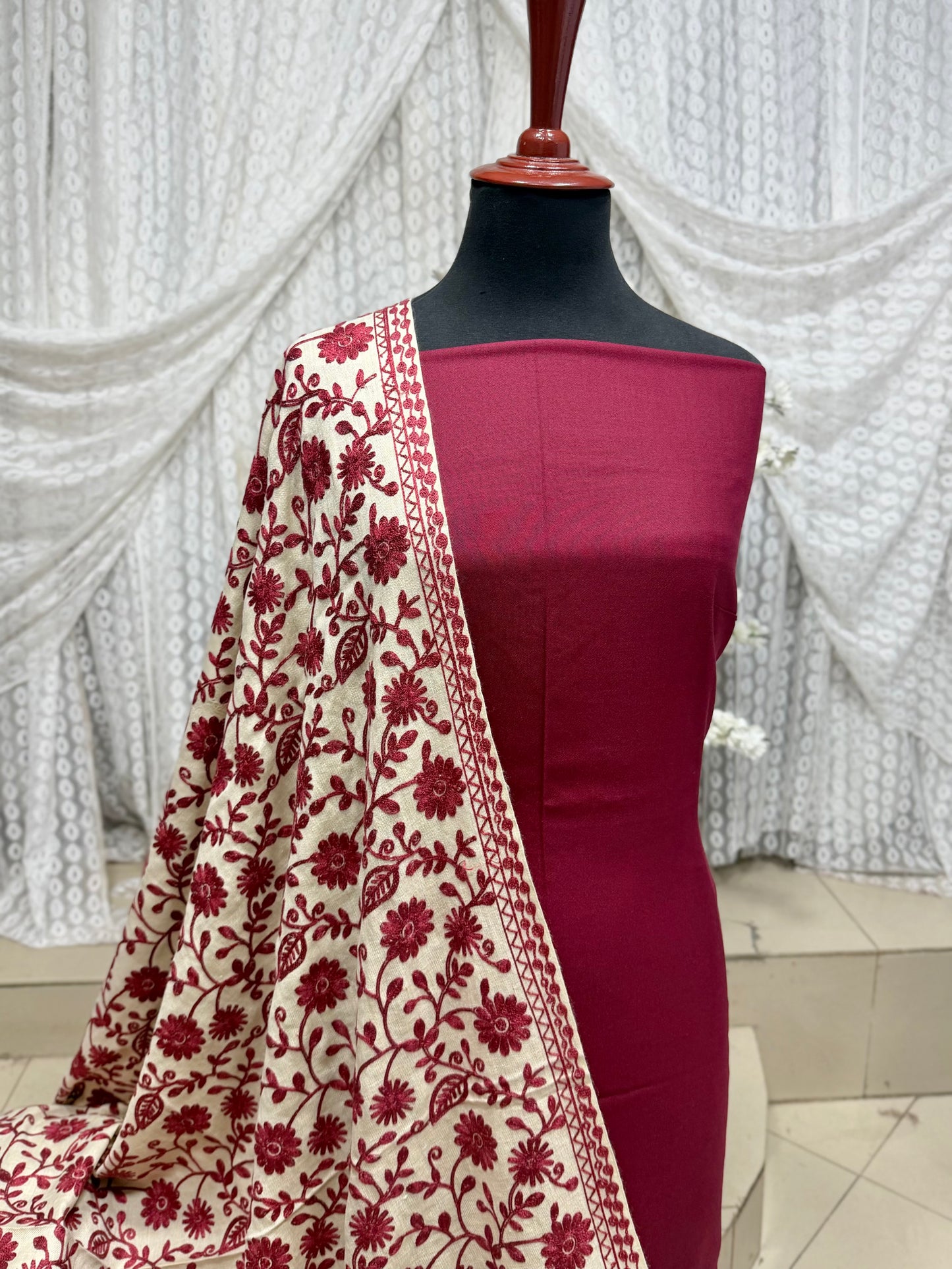 Pashmina 3 Piece Suit | Embroidered Shawl with Plain Suit Marina | Skin With Maroon