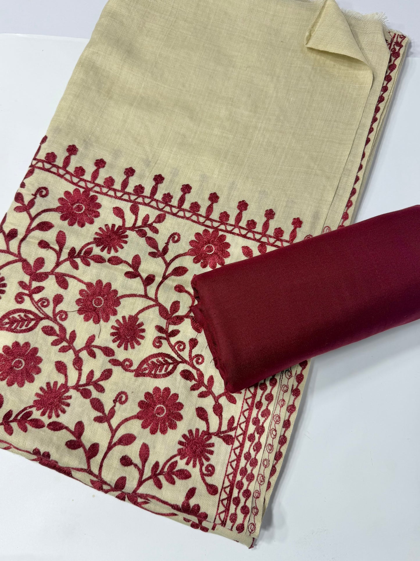 Pashmina 3 Piece Suit | Embroidered Shawl with Plain Suit Marina | Skin With Maroon