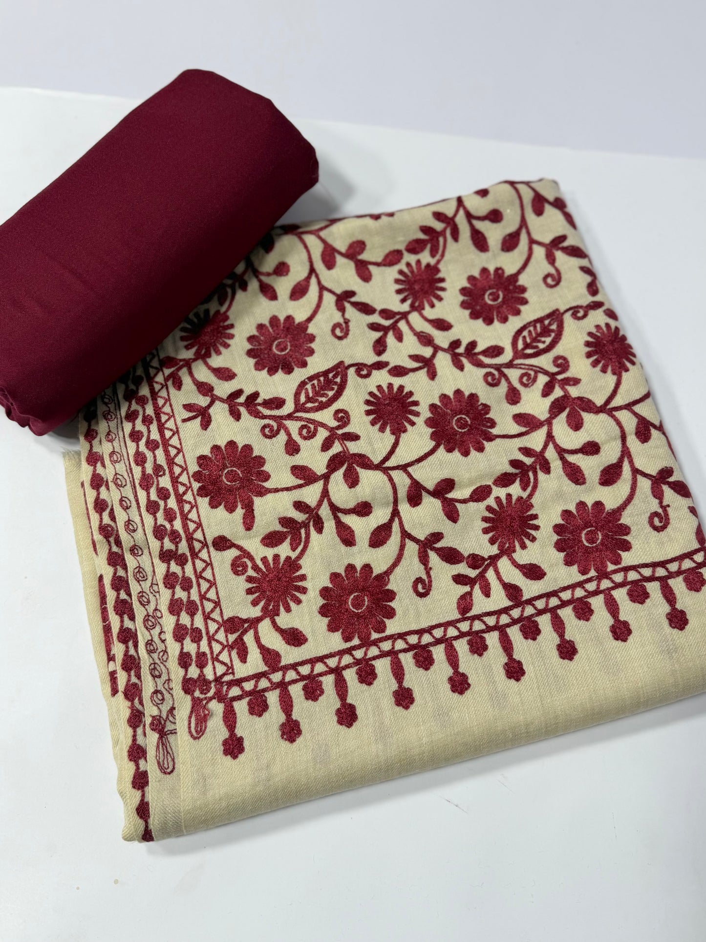 Pashmina 3 Piece Suit | Embroidered Shawl with Plain Suit Marina | Skin With Maroon