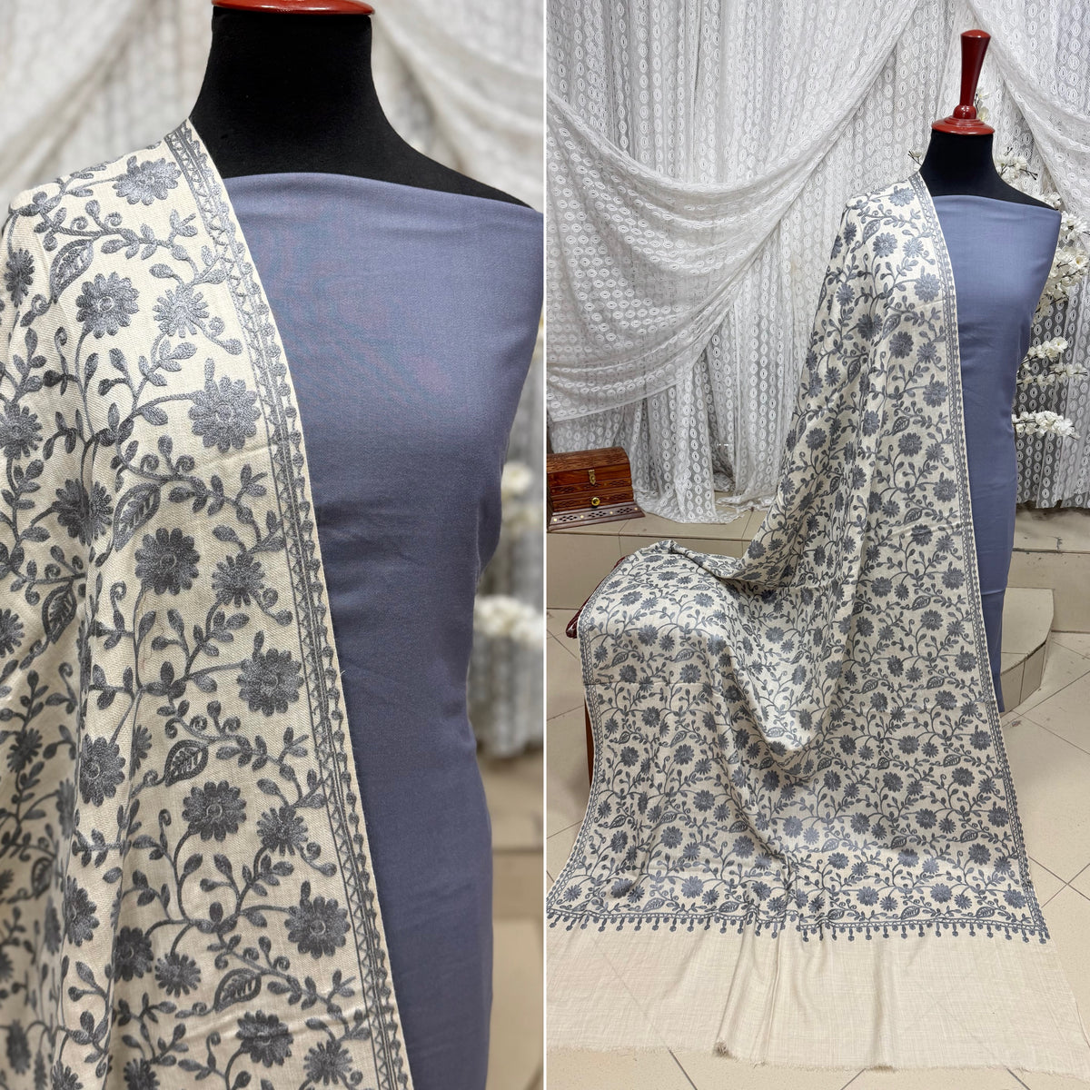 Pashmina 3 Piece Suit | Embroidered Shawl with Plain Suit Marina | Grey