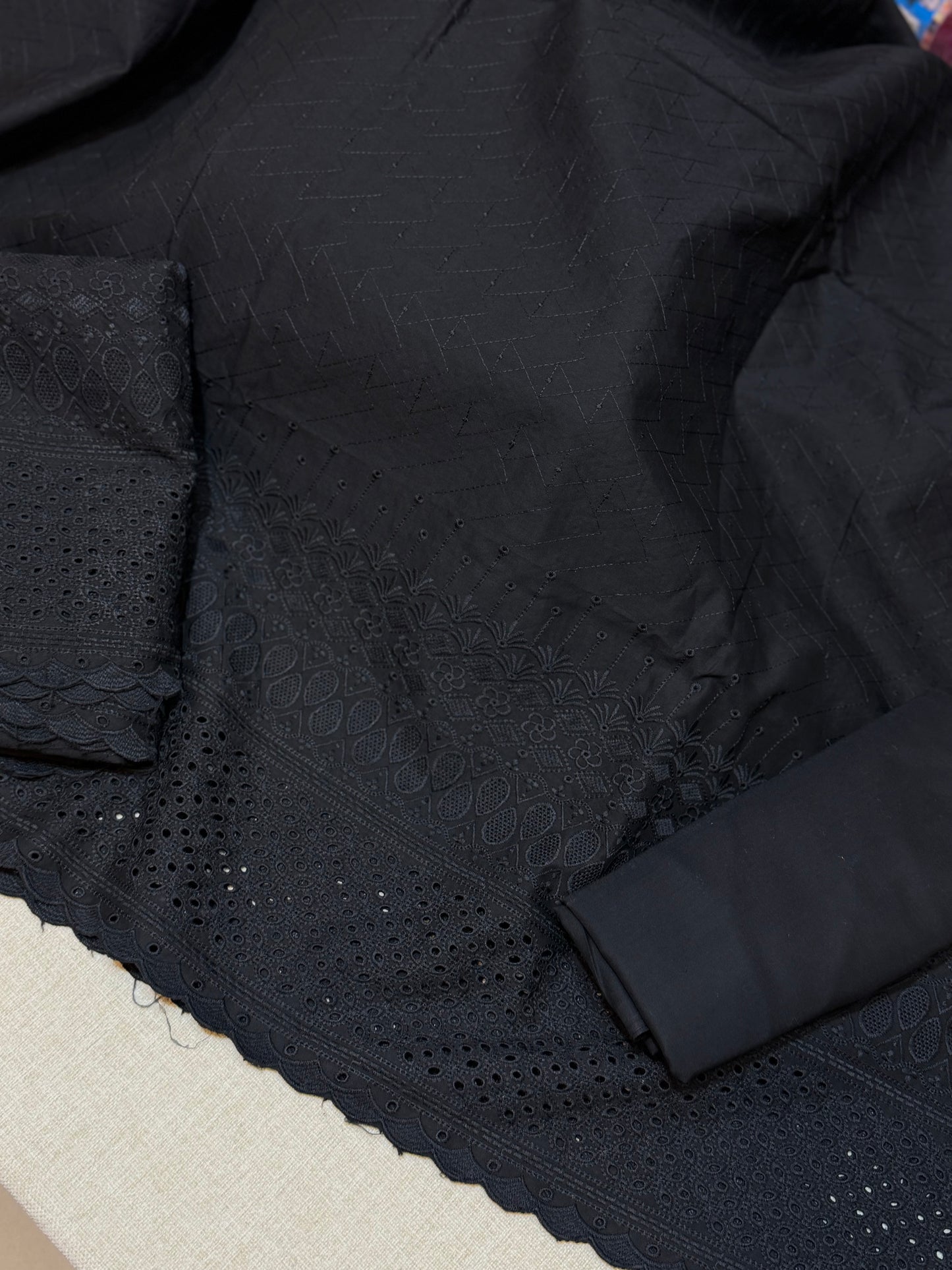 Chikankari Lawn 2 Piece Suit Daman Bore Long Length Suit | Jet Black