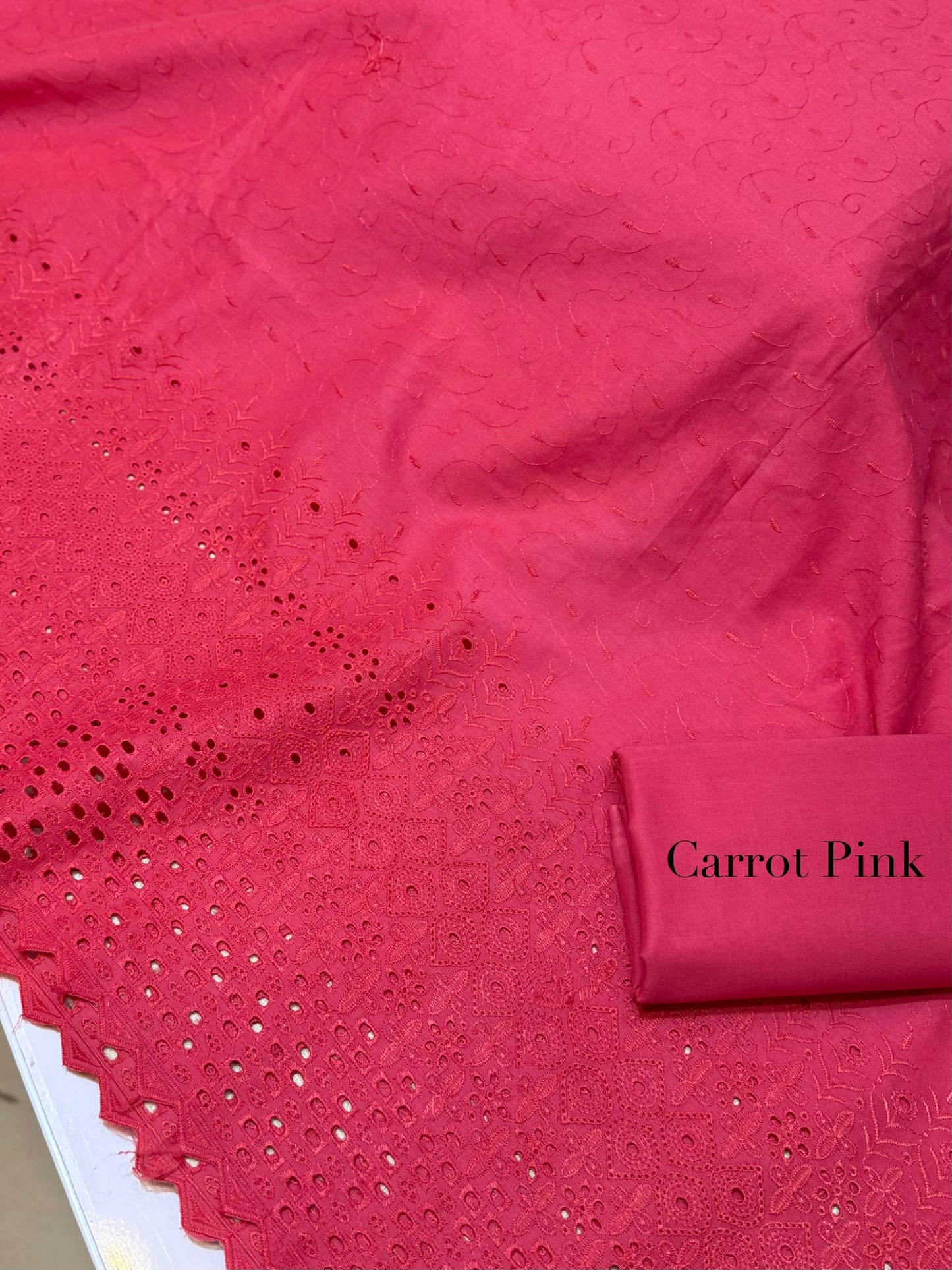 Chikankari Lawn 2 Piece Suit Daman Bore Long Length Suit | Carrot Pink