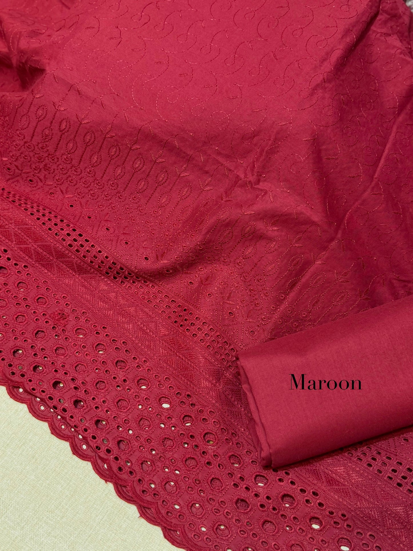 Chikankari Lawn 2 Piece Suit Daman Bore Long Length Suit | Maroon