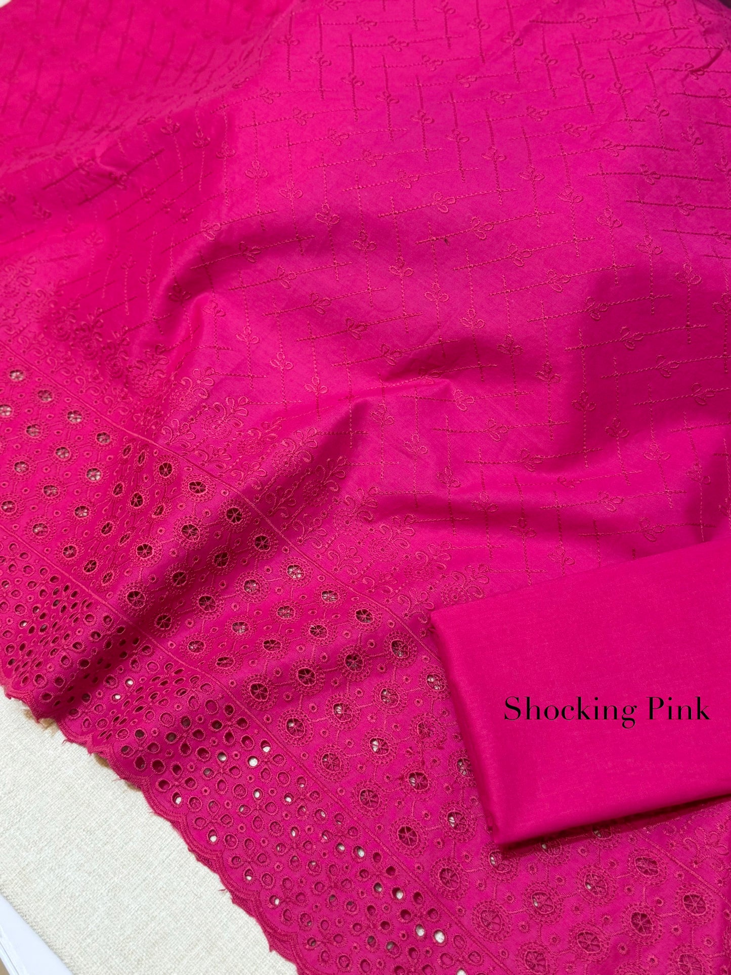 Chikankari Lawn 2 Piece Suit Daman Bore Long Length Suit | Shocking Pink