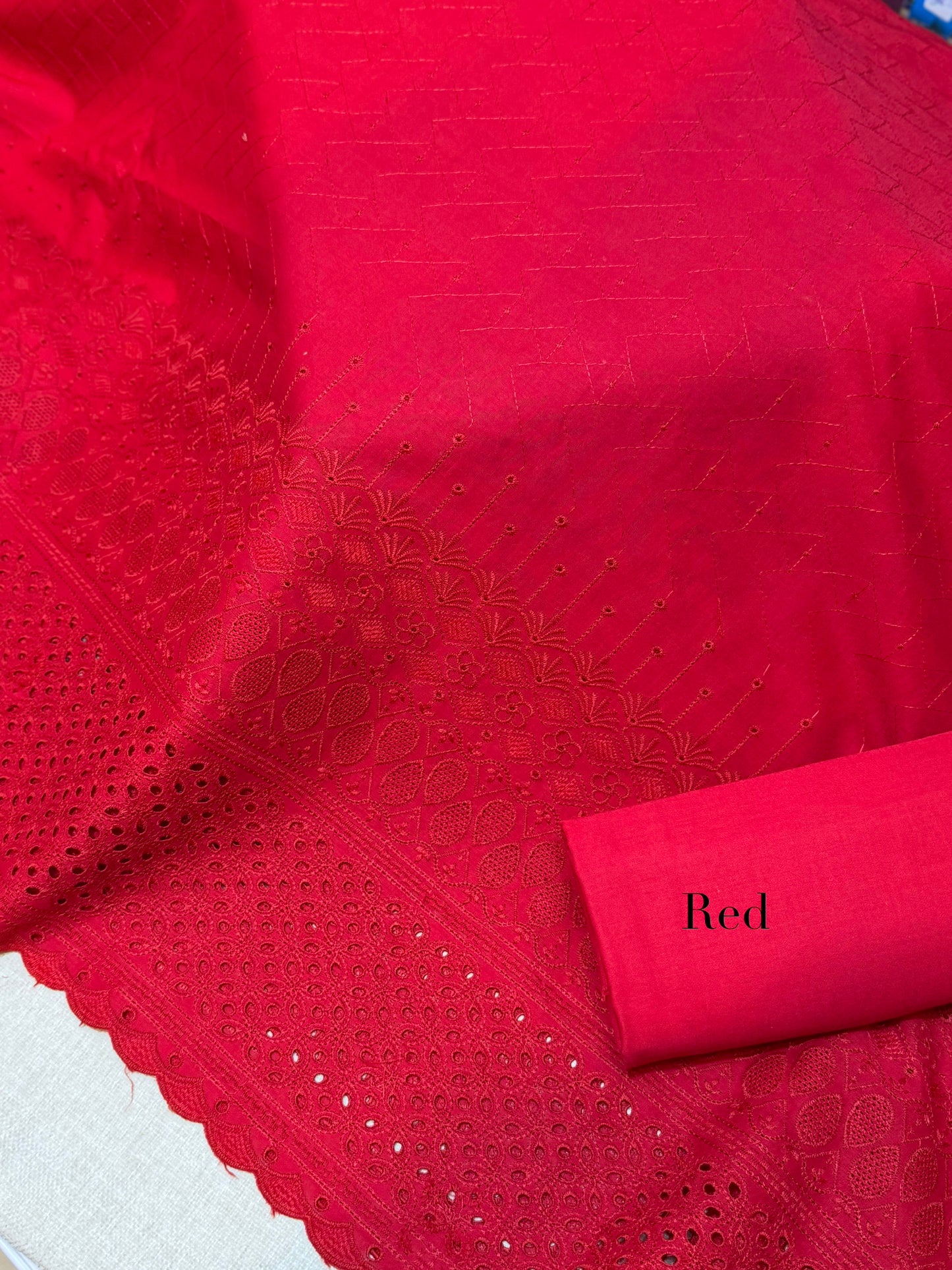 Chikankari Lawn 2 Piece Suit Daman Bore Long Length Suit | Red