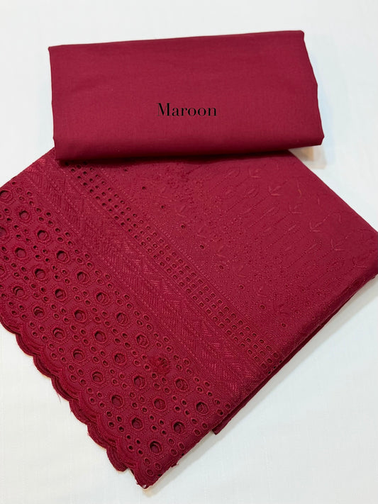 Chikankari Lawn 2 Piece Suit Daman Bore Long Length Suit | Maroon