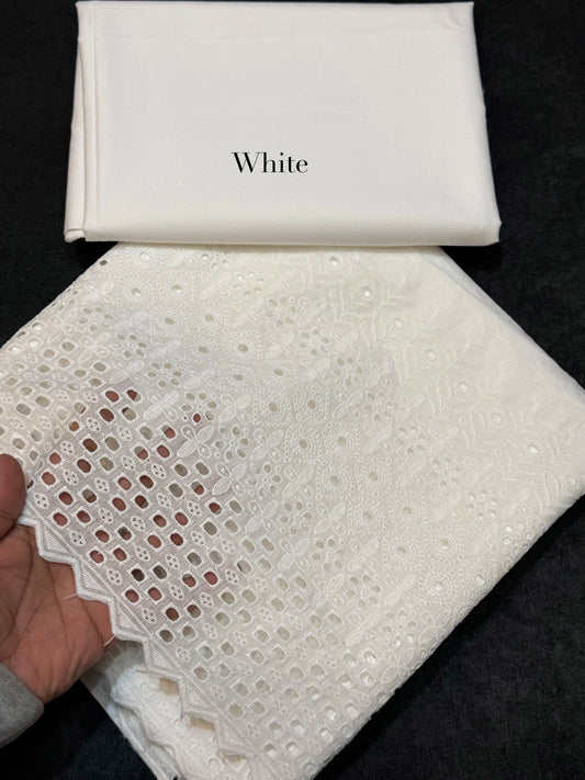 Chikankari Lawn 2 Piece Suit Daman Bore Long Length Suit | White