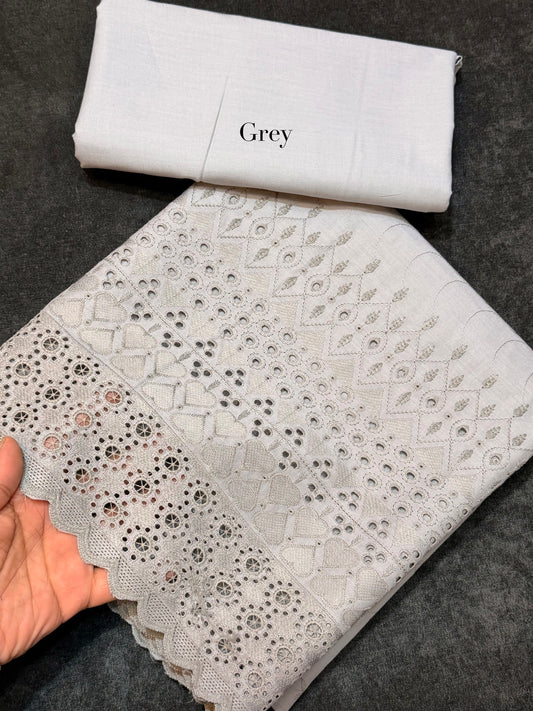 Chikankari Lawn 2 Piece Suit Daman Bore Long Length Suit | Grey