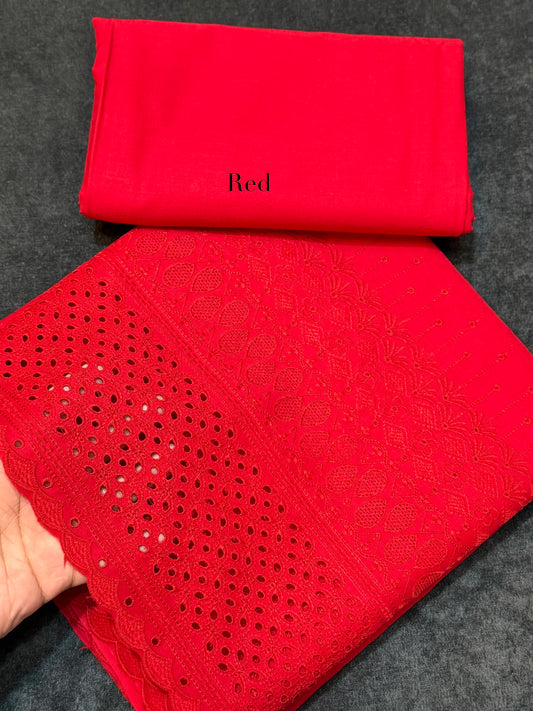 Chikankari Lawn 2 Piece Suit Daman Bore Long Length Suit | Red