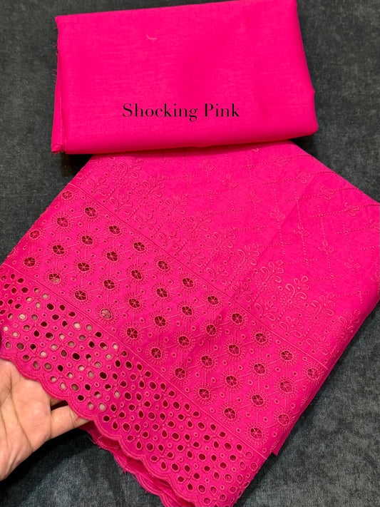 Chikankari Lawn 2 Piece Suit Daman Bore Long Length Suit | Shocking Pink