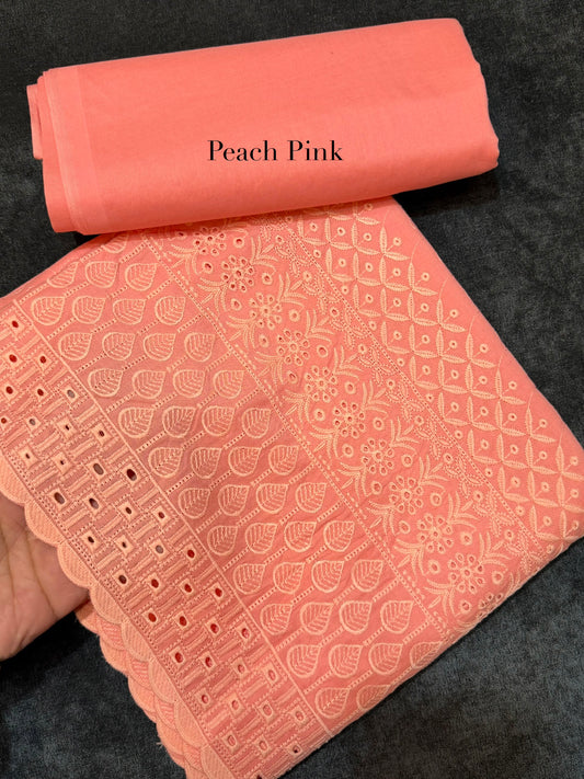 Chikankari Lawn 2 Piece Suit Daman Bore Long Length Suit | Peach Pink