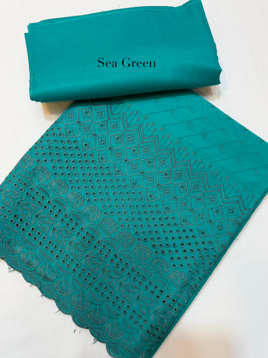 Chikankari Lawn 2 Piece Suit Daman Bore Long Length Suit | Sea Green