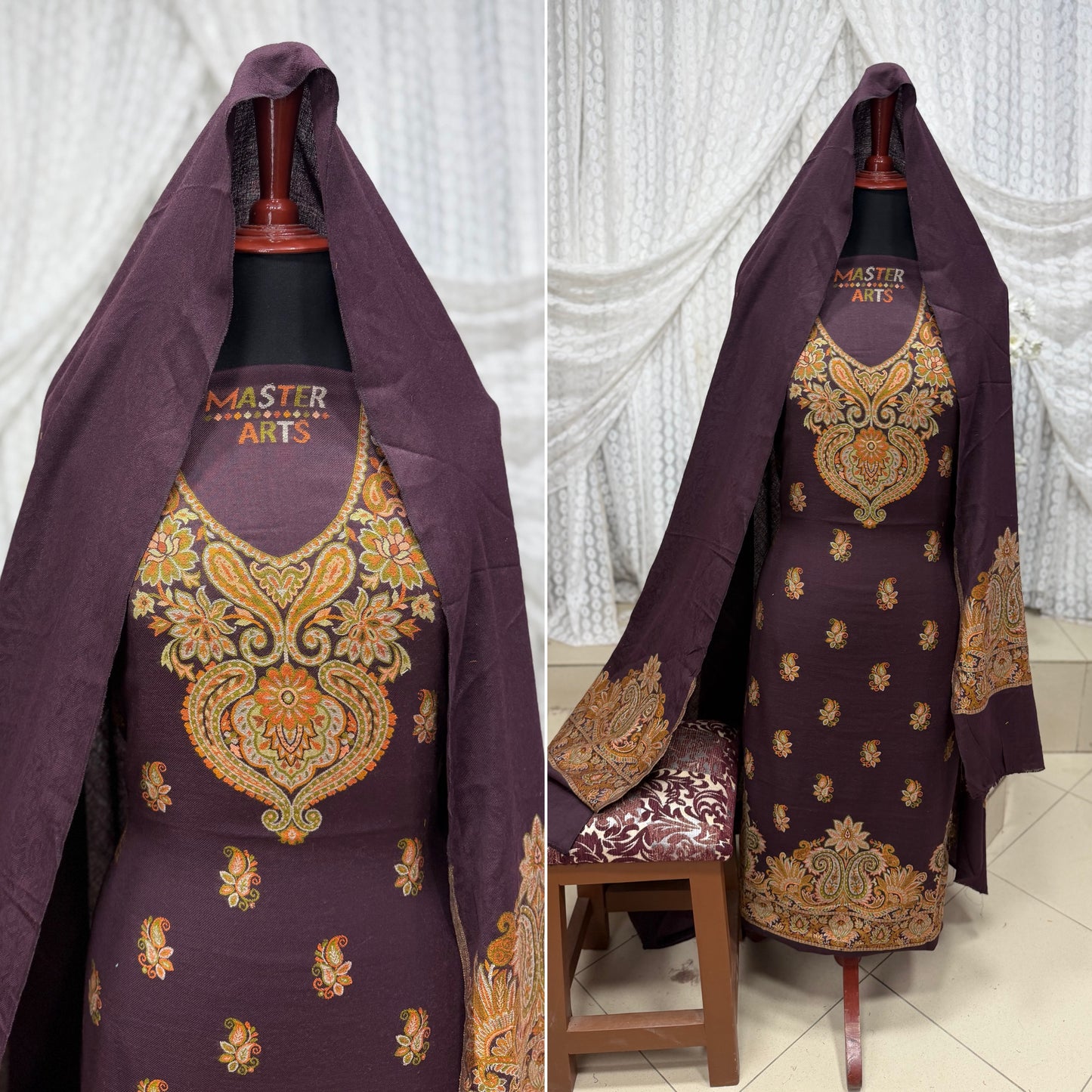 Kani Pashmina 3 Piece Unstitched Suit | Dark Purple