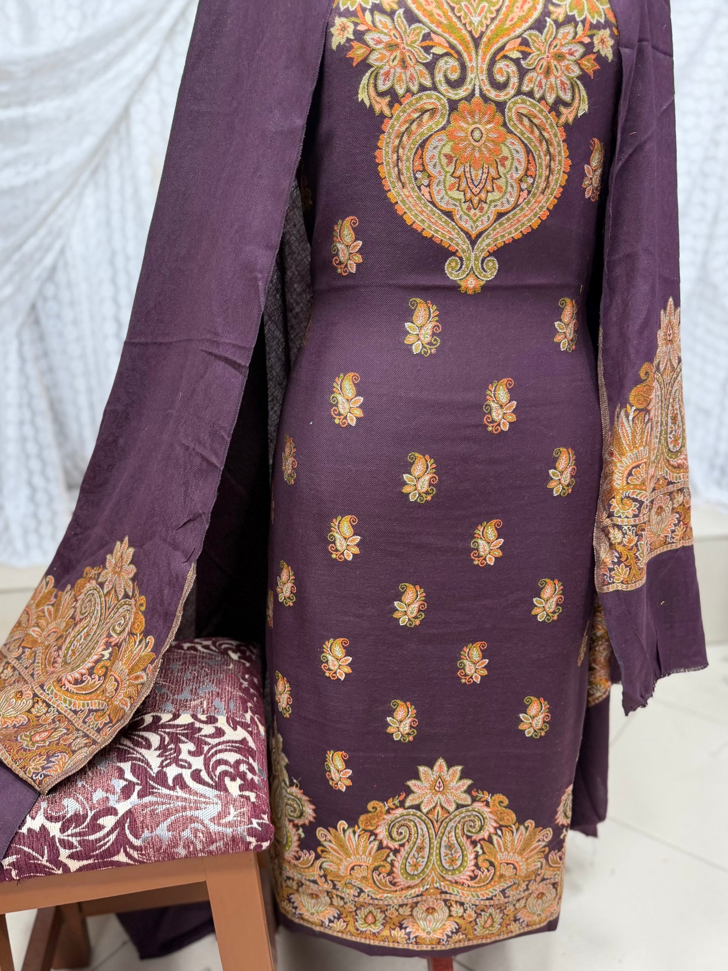 Kani Pashmina 3 Piece Unstitched Suit | Dark Purple