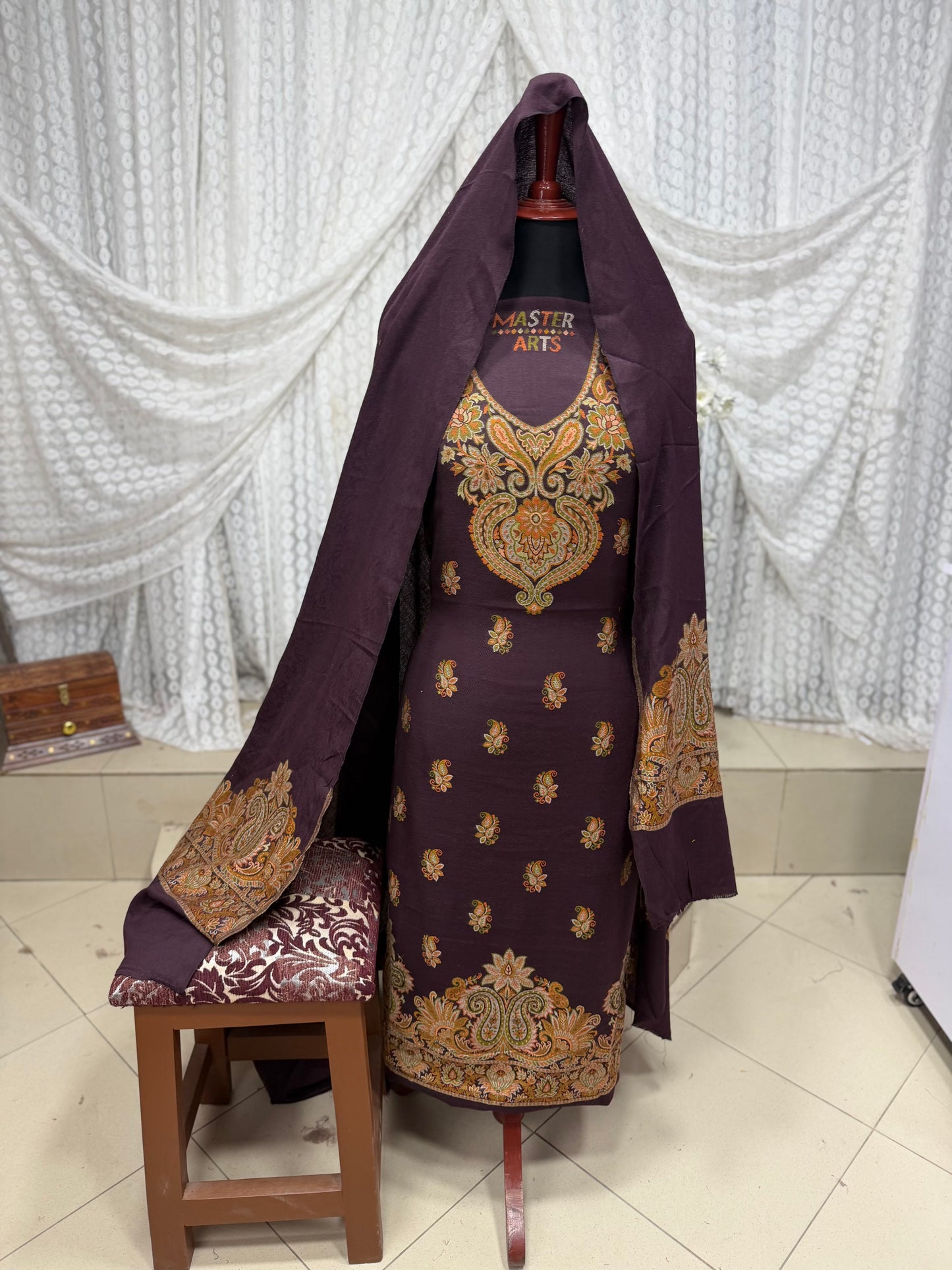 Kani Pashmina 3 Piece Unstitched Suit | Dark Purple