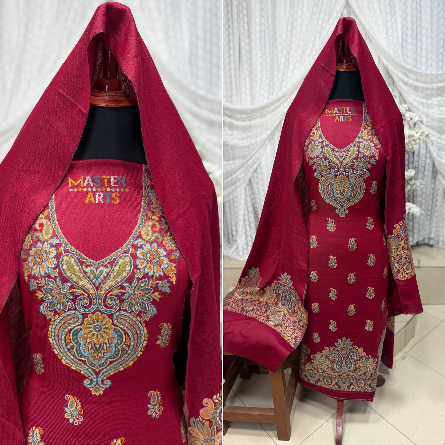 Kani Pashmina 3 Piece Unstitched Suit | Maroon