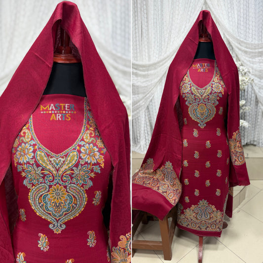 Kani Pashmina 3 Piece Unstitched Suit | Maroon
