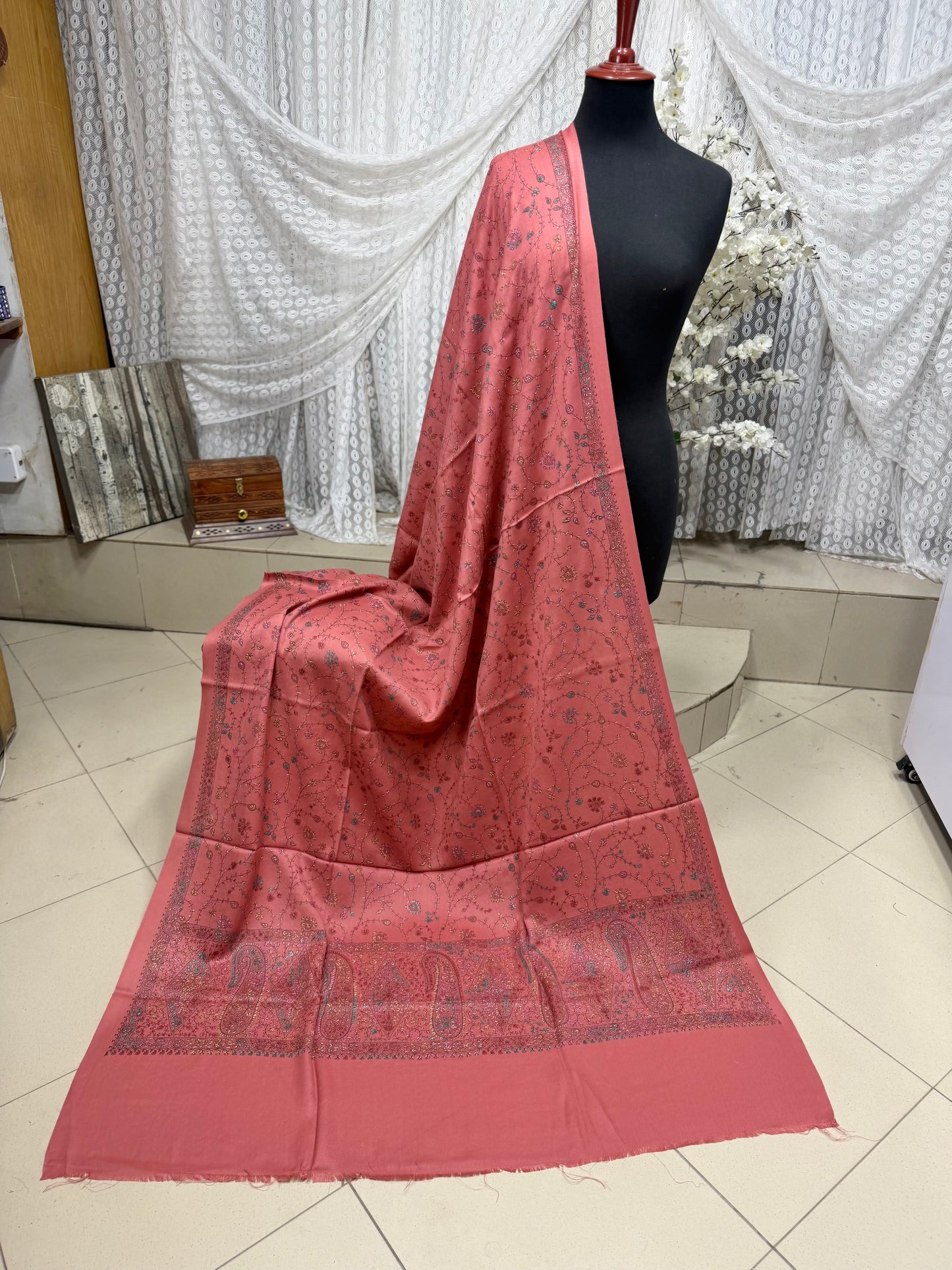 Pashmina Shawl | Hand Embroidery on Print Beautiful Shawl | Pink