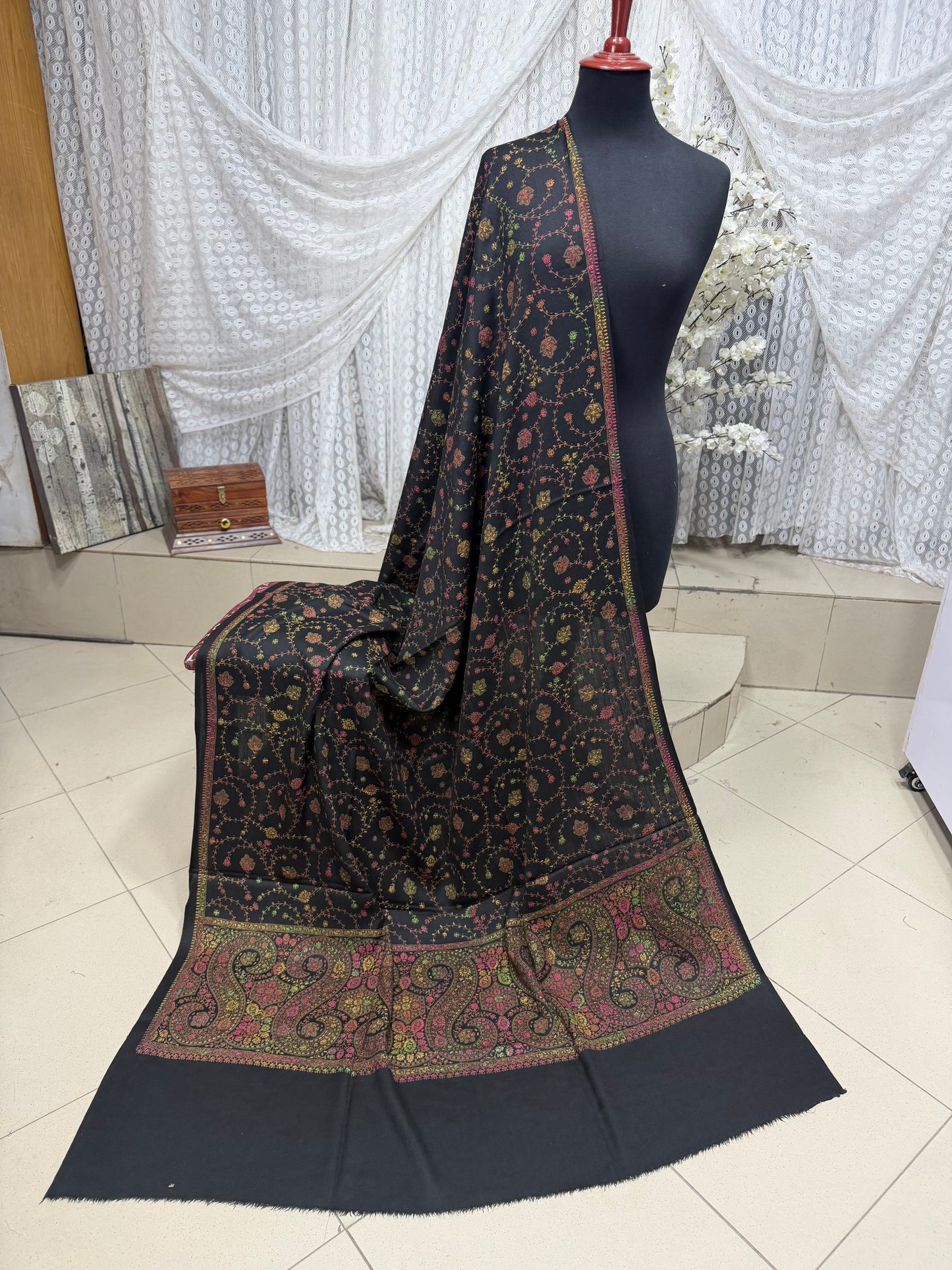 Pashmina Shawl | Hand Embroidery on Print Beautiful Shawl | Black
