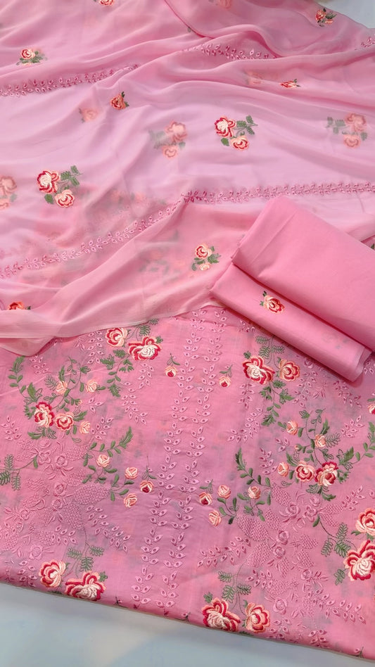 3 Piece Embroidered Lawn Suit With Chiffon Dupatta | Pink