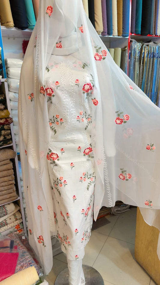 3 Piece Embroidered Lawn Suit With Chiffon Dupatta | White