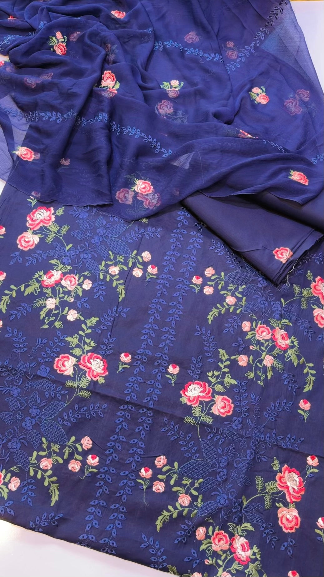 3 Piece Embroidered Lawn Suit With Chiffon Dupatta | Navy Blue