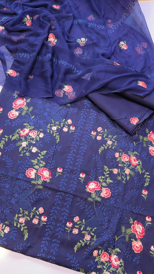 3 Piece Embroidered Lawn Suit With Chiffon Dupatta | Navy Blue