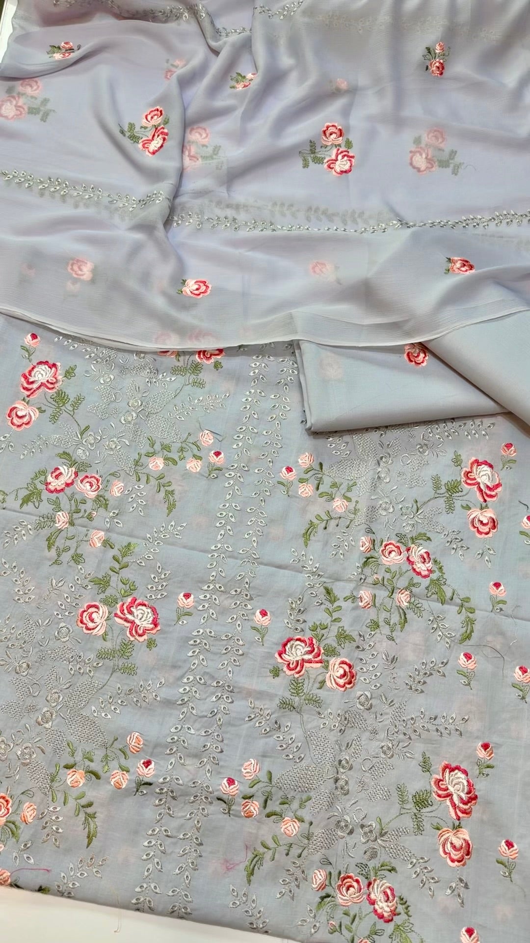 3 Piece Embroidered Lawn Suit With Chiffon Dupatta | Light Grey