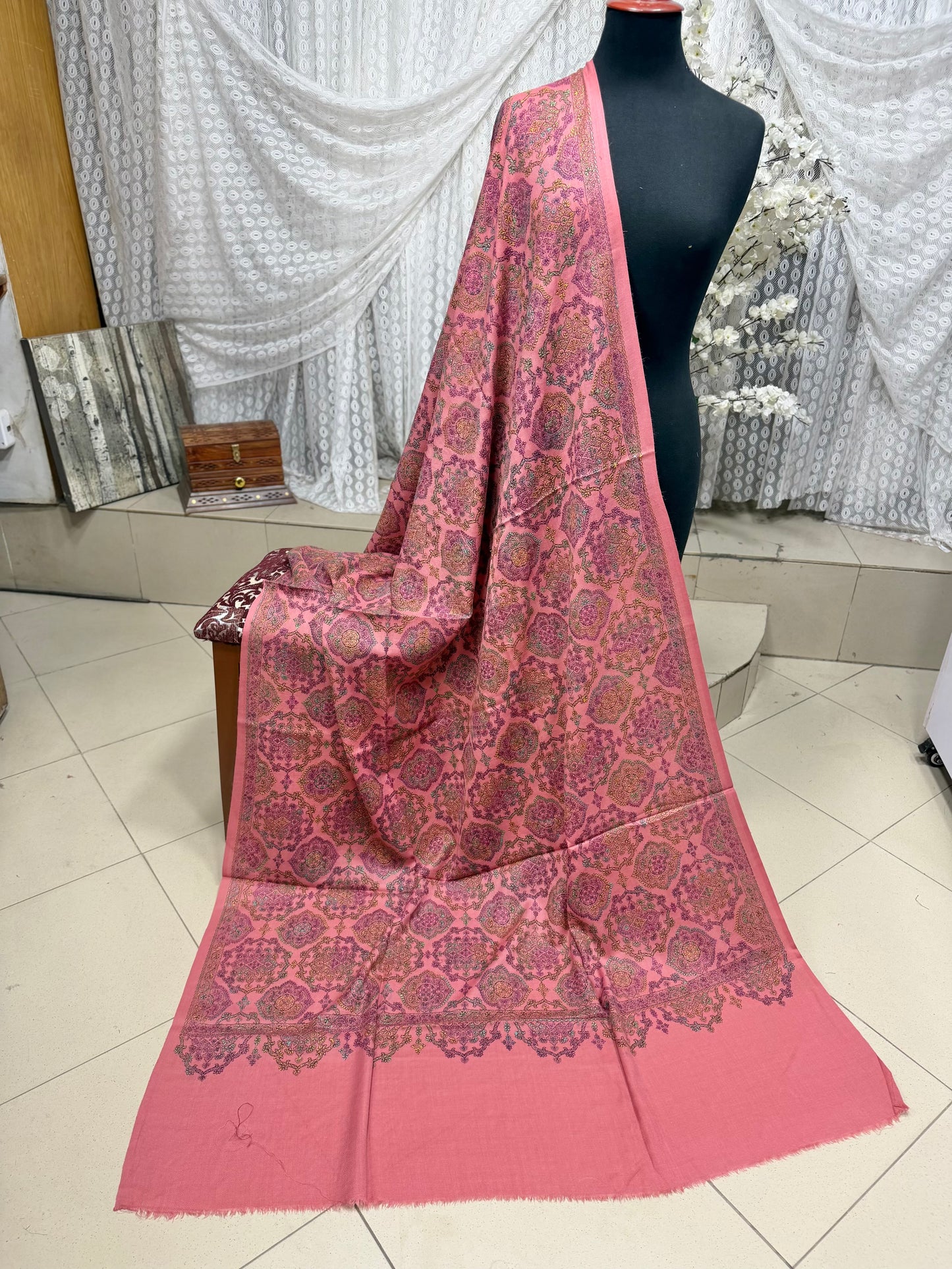 Pashmina Shawl | Hand Embroidery on Print Beautiful Shawl | Pink