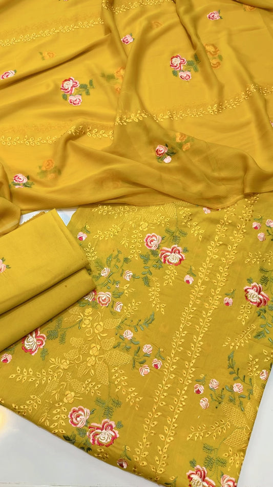 3 Piece Embroidered Lawn Suit With Chiffon Dupatta | Yellow