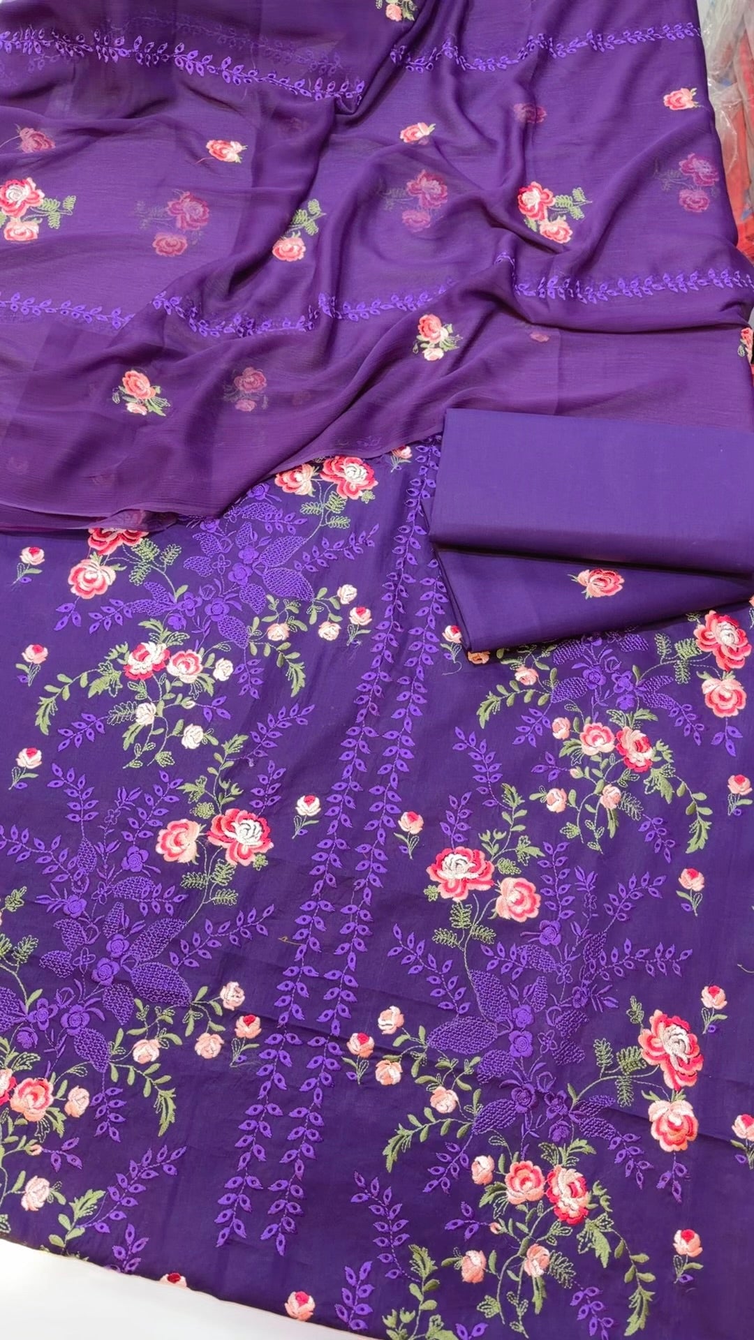 3 Piece Embroidered Lawn Suit With Chiffon Dupatta | Purple