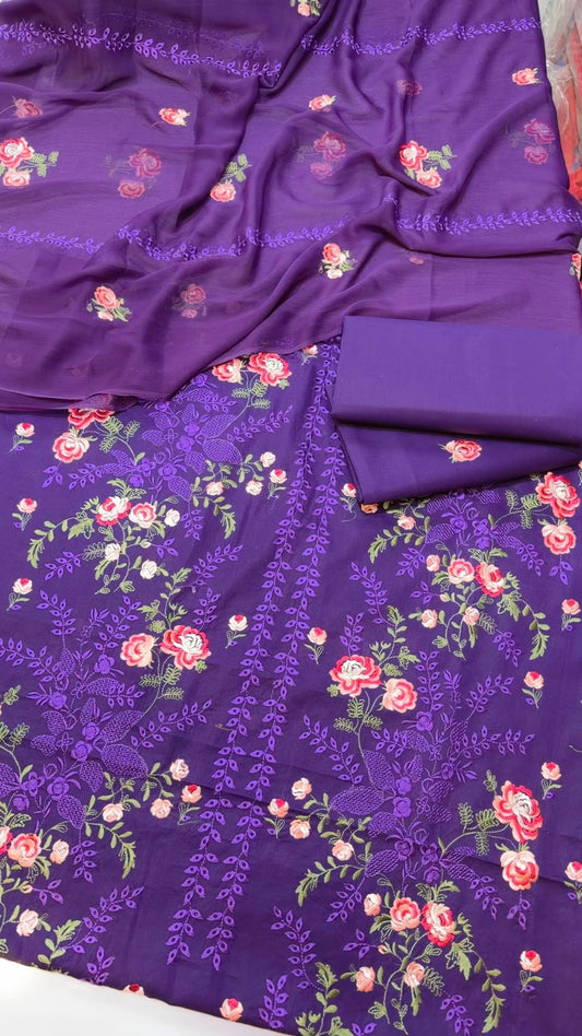 3 Piece Embroidered Lawn Suit With Chiffon Dupatta | Purple