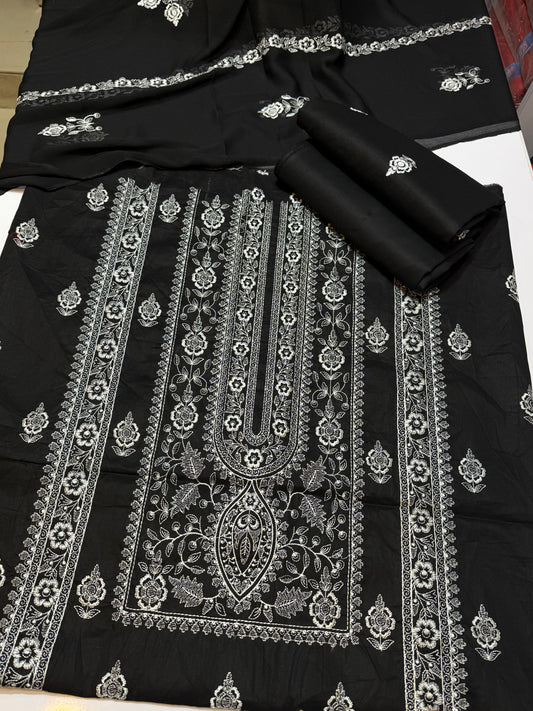 3 Piece Embroidered Lawn Suit With Chiffon Dupatta | Black