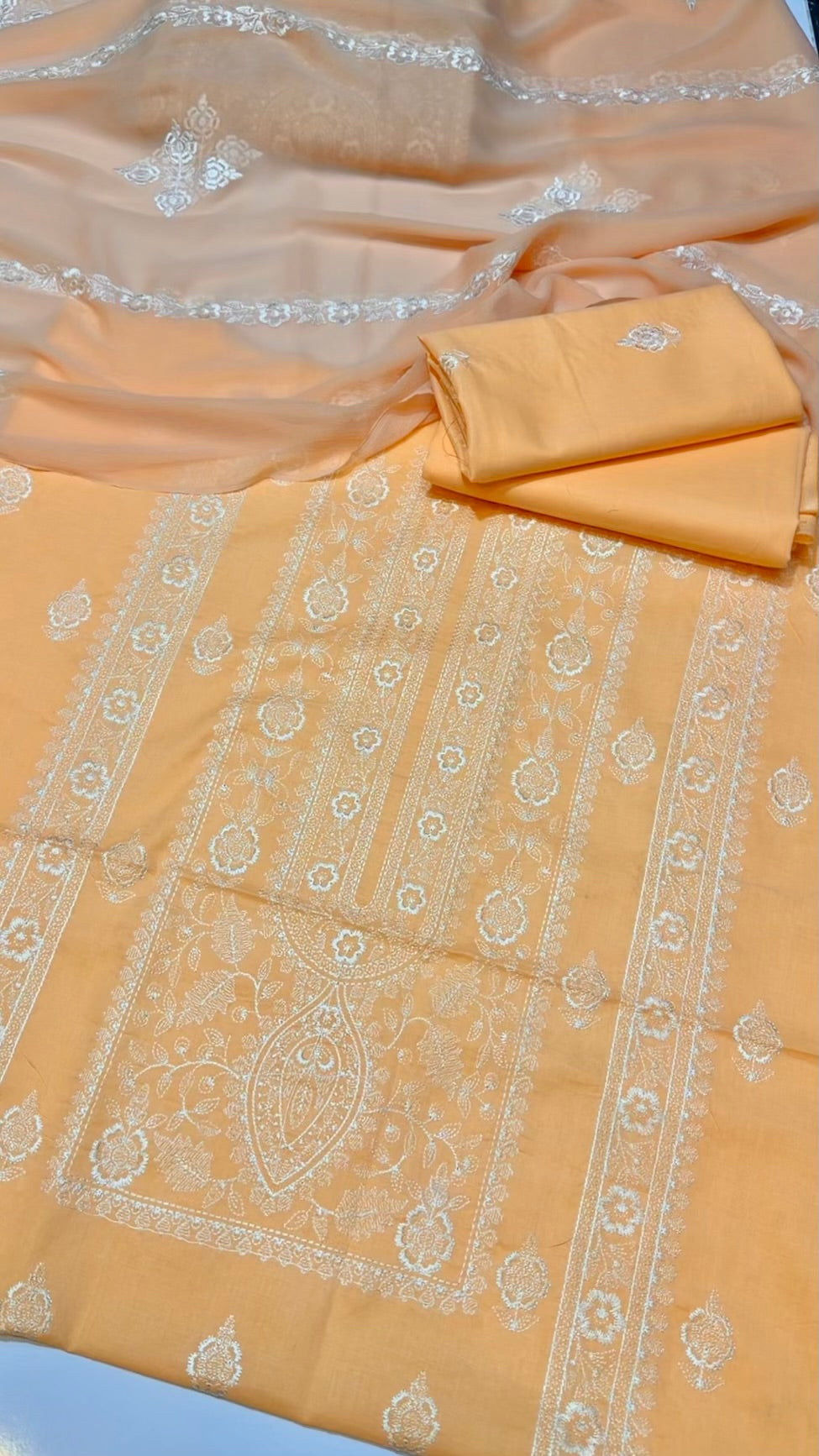 3 Piece Embroidered Lawn Suit With Chiffon Dupatta | Peach