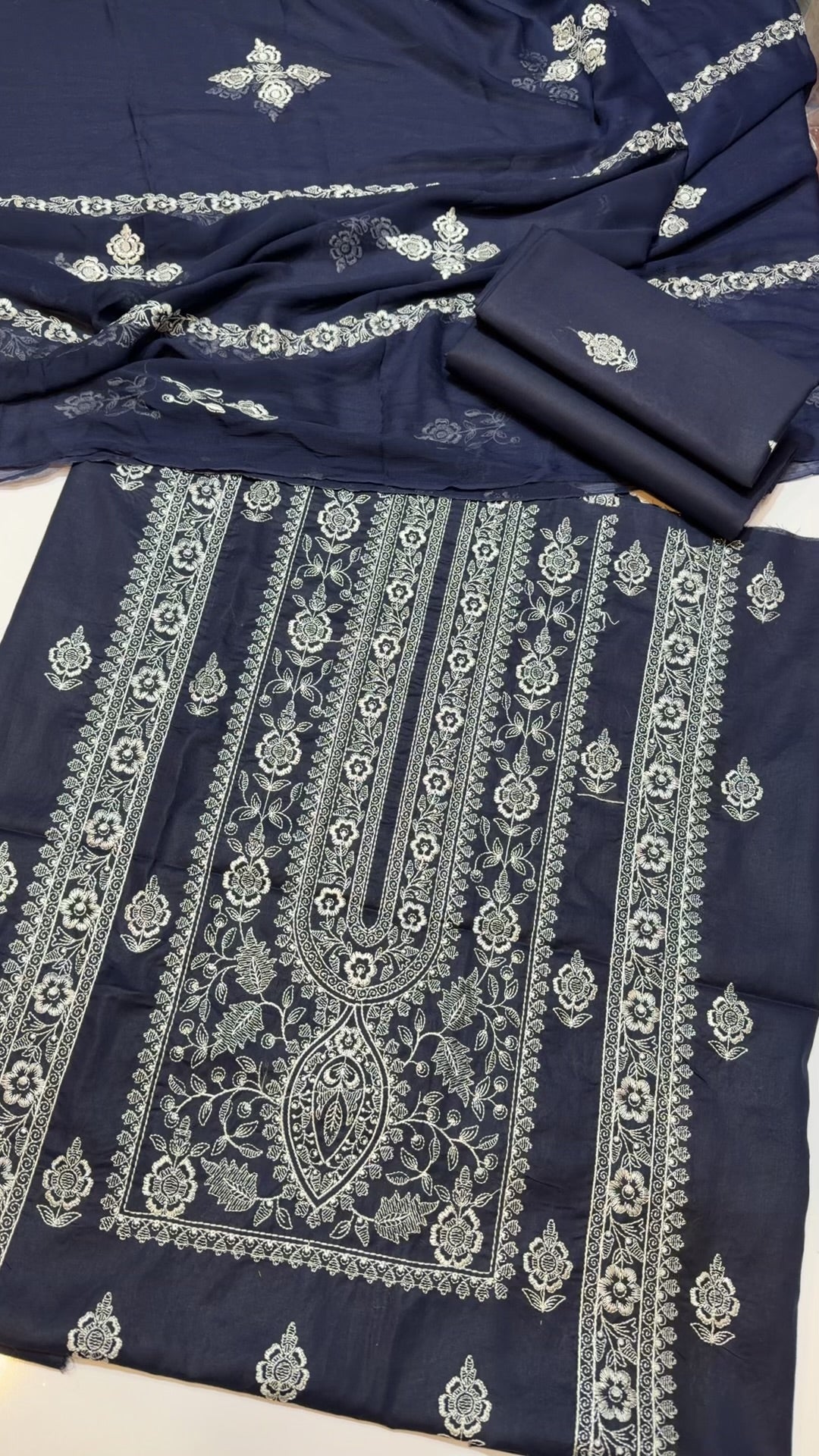 3 Piece Embroidered Lawn Suit With Chiffon Dupatta | Navy Blue