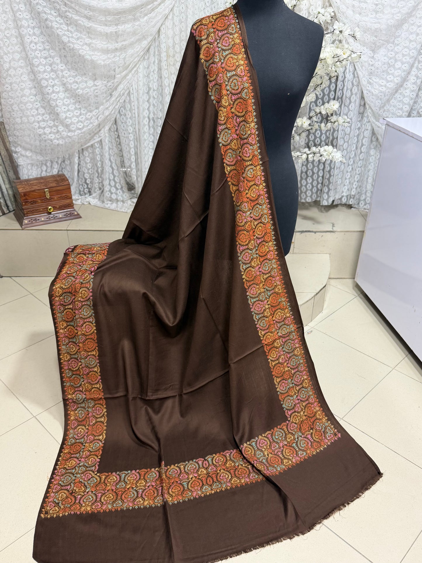 Pashmina Shawl Border Embroidery | Handmade Shawl Perfect Gift | Dark Brown