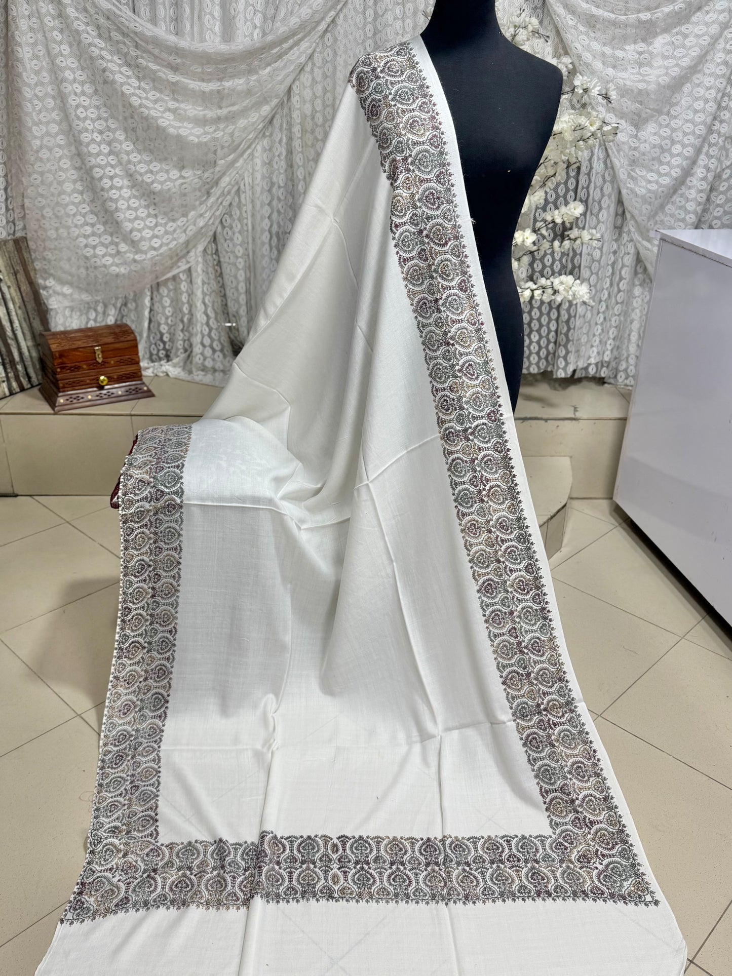Pashmina Shawl Border Embroidery | Handmade Shawl Perfect Gift | Off White