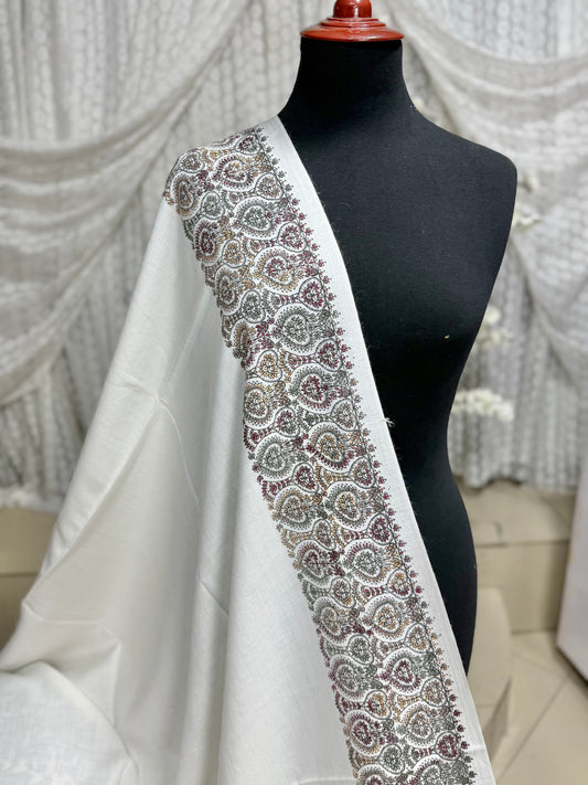 Pashmina Shawl Border Embroidery | Handmade Shawl Perfect Gift | Off White