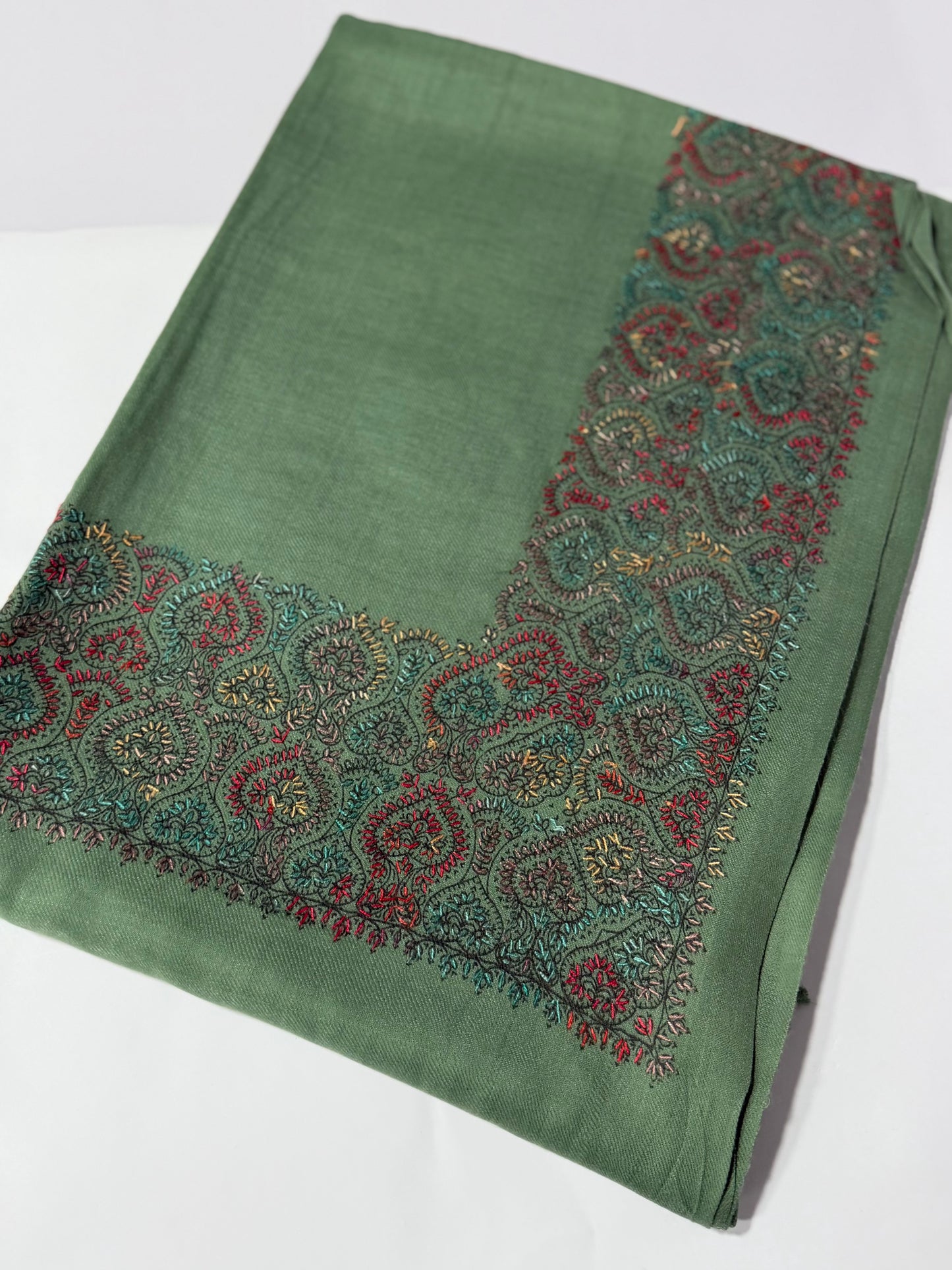 Pashmina Shawl Border Embroidery | Handmade Shawl Perfect Gift | Pista Green